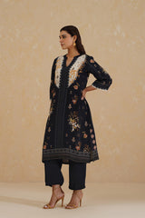 Black Floral Print Suit with Contrast Dupatta