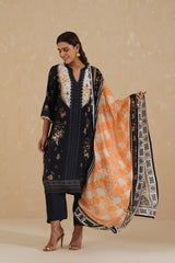 Black Floral Print Suit with Contrast Dupatta