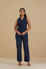 Denim Embroidered Waist Coat Set- Inchingindia