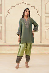 Green Crush Tissue Hand Embroidered Set with Organza Dupatta