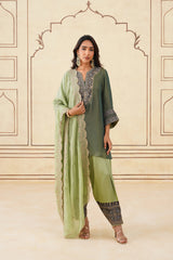 Green Crush Tissue Hand Embroidered Set with Organza Dupatta
