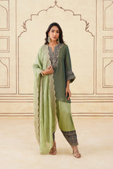 Green Crush Tissue Hand Embroidered Set with Organza Dupatta
