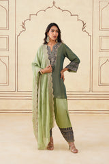 Green Crush Tissue Hand Embroidered Set with Organza Dupatta-Inching India