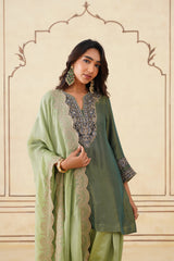 Green Crush Tissue Hand Embroidered Set with Organza Dupatta
