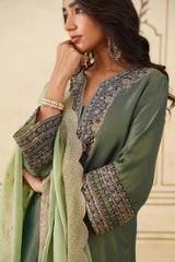 Green Crush Tissue Hand Embroidered Set with Organza Dupatta