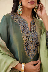 Green Crush Tissue Hand Embroidered Set with Organza Dupatta