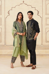 Green Crush Tissue Hand Embroidered Set with Organza Dupatta