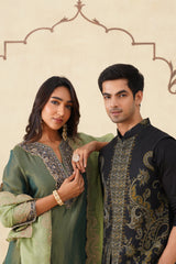 Green Crush Tissue Hand Embroidered Set with Organza Dupatta