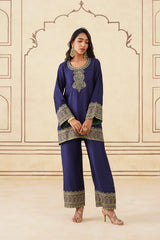 Navy Blue Embroidered Set with Green Organza Dupatta