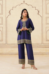 Navy Blue Embroidered Set with Green Organza Dupatta