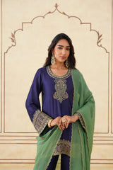 Navy Blue Embroidered Set with Green Organza Dupatta