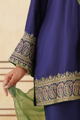 Navy Blue Embroidered Set with Green Organza Dupatta