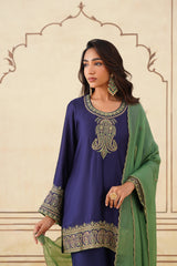 Navy Blue Embroidered Set with Green Organza Dupatta