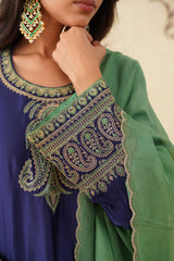 Navy Blue Embroidered Set with Green Organza Dupatta