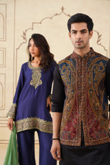 Navy Blue Embroidered Set with Green Organza Dupatta