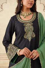 Black Embroidered Set with Green Organza Dupatta