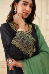 Black Embroidered Set with Green Organza Dupatta