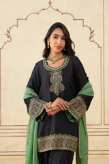 Black Embroidered Set with Green Organza Dupatta