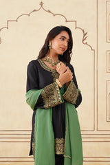 Black Embroidered Set with Green Organza Dupatta