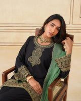 Black Embroidered Set with Green Organza Dupatta