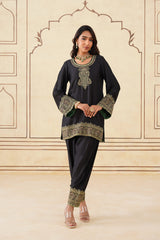 Black Embroidered Set with Green Organza Dupatta