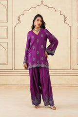 Meher Wine Embroidered Farshi Set with Dupatta