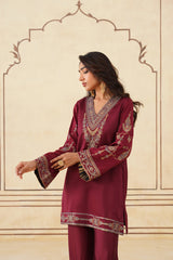 Maroon Embroidered Set with Tonal Organza Dupatta