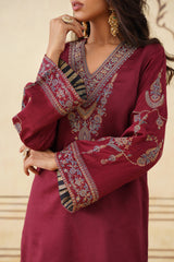 Maroon Embroidered Set with Tonal Organza Dupatta