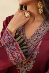 Maroon Embroidered Set with Tonal Organza Dupatta
