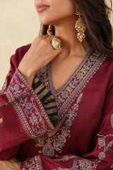 Maroon Embroidered Set with Tonal Organza Dupatta