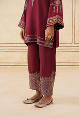 Maroon Embroidered Set with Tonal Organza Dupatta