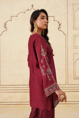 Maroon Embroidered Set with Tonal Organza Dupatta