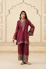 Maroon Embroidered Set with Tonal Organza Dupatta
