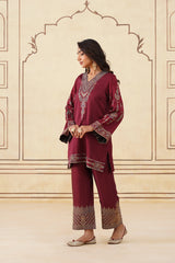 Maroon Embroidered Set with Tonal Organza Dupatta