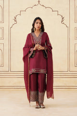 Maroon Embroidered Set with Tonal Organza Dupatta