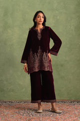 Wine Velvet Embroidered Kurta Set