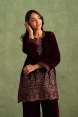 Wine Velvet Embroidered Kurta Set