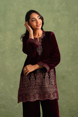 Wine Velvet Embroidered Kurta Set