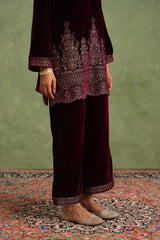 Wine Velvet Embroidered Kurta Set