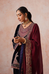 Aafreen Navy Crush Patchwork Velvet Embroidered Set