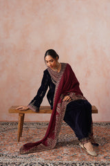 Aafreen Navy Crush Patchwork Velvet Embroidered Set