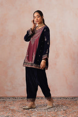 Navy Maroon Panel Velvet Embroidered Set