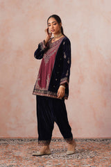 Navy Maroon Panel Velvet Embroidered Set