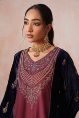 Navy Maroon Panel Velvet Embroidered Set