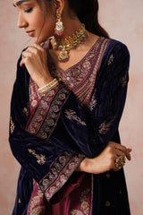 Navy Maroon Panel Velvet Embroidered Set