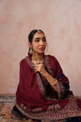 Navy Maroon Panel Velvet Embroidered Set