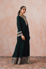 Bottle Green Crush Velvet Embroidered Sharara Set