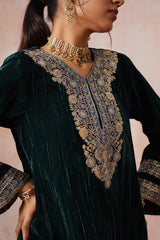 Bottle Green Crush Velvet Embroidered Sharara Set