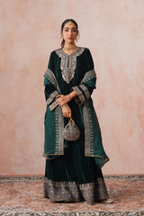 Bottle Green Crush Velvet Embroidered Sharara Set