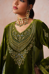 Aafreen Golden Olive Velvet Embroidered Salwar Set